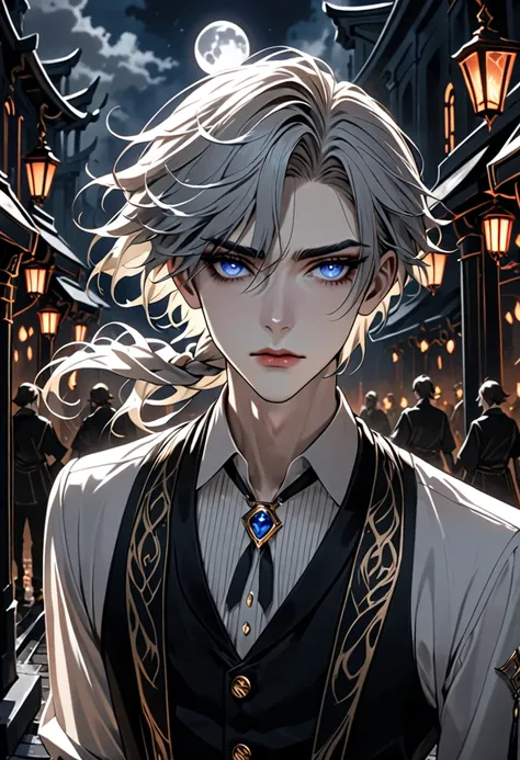  His hair is loosely tied and swaying irregularly like a bright blue flame 。Swaying like rising flames 。 slightly longer than shoulder  。  loosely tied to the left shoulder  。 golden eyes like a full moon 。 amber。A beautiful young man with a nervous and re...