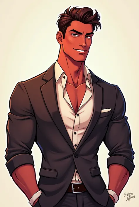 Cartoon pictures of a handsome young man who is tall and not short. His hair is not long and not short. His skin is burgundy. He has muscles and his dress style is elegant