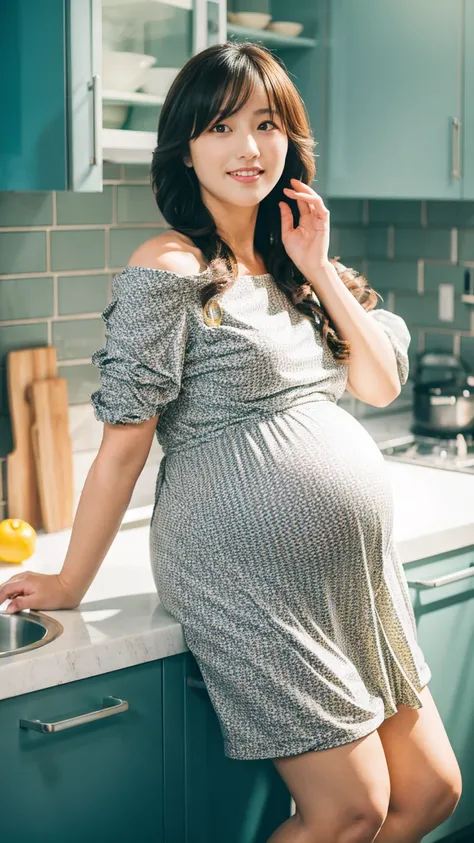 masterpiece, Best Quality, 8K,looking at the viewer,Japanese Lady,20 years old, huge pregnant, Voluptuous, crop top jacket , wrap dress, shoulder length hair, kitchen background, sitting