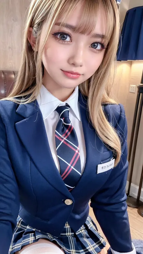 (( Masterpiece,  highest quality,  Hi-Res,  super high heels)),  Japanese high school girl,( by Nomi:1.5)、 smiles、great face、 Closed Mouth、 sharp mouth、Glossy Lips 、 two side up,(Beautiful blonde:1.5)、 high school uniform,( navy blue blazer, tie, dress shi...