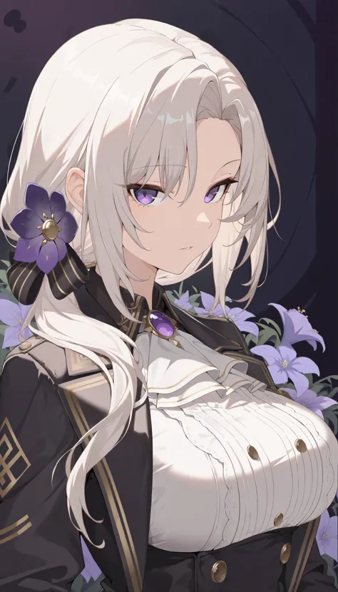 (best quality:1.3), (masterpiece:1.3), (ultra-detailed:1.3), absurdres, 1girl, solo, (large_breasts:1.2), purple_eyes, (white_hair:1.0), hair_ornaments, tall, long_hair, black_coat, ascot, double-breasted, purple_brooch, long_sleeves, purple flowers hair o...