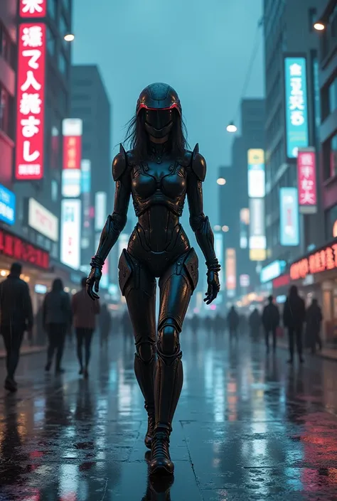 8k, cyber woman, robotic outfit, on dystopic futurist Tokyo streets, rainy, nightly.