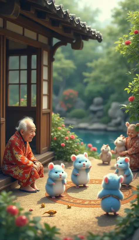  Fantastic　 real 　An old man and an old woman in kimonos are watching in the garden of an old Japanese house　 cute fluffy light blue mice are in a ring　A lot of animals are doing sumo wrestlers 