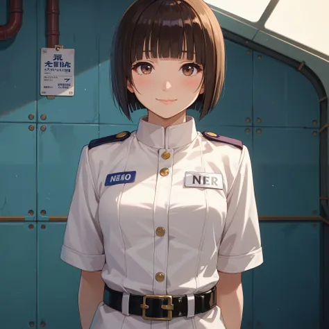 score_9, score_8_up, score_7_up, hoshijiro-shizuka, (1girl, solo), (black short hair, bob cut, blunt bangs), brown eyes, (white uniform, name tag, belt), both arms behind back, (smile, blush), looking at viewer, standing in the spaceship