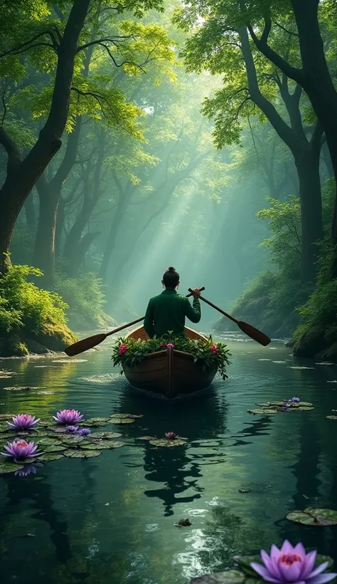  The map is made in fantasy style 

The centerpiece is a magical green forest , ancient magical green trees  ,  
 in the river, a wooden brown forest boat shrouded in flowers sails from the shore ,Leaves, with feathers and a glowing garland  .  Purple wate...