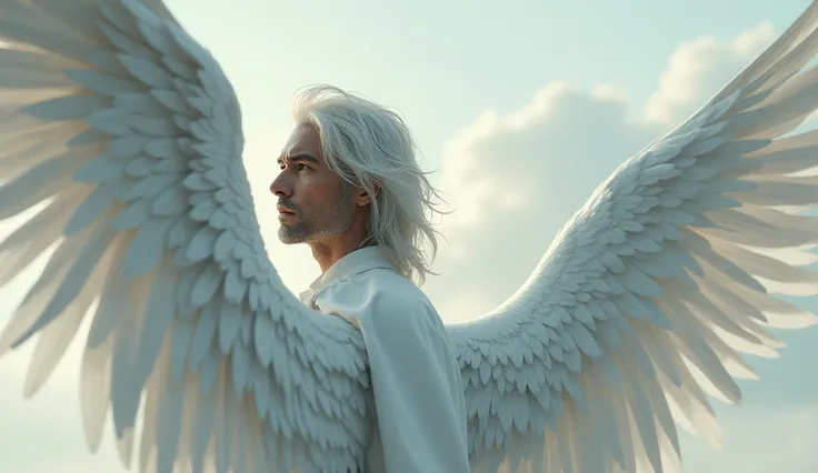 A realistic image of a man with white hair, slightly turned to the side with his back facing the viewer, featuring large, feathered white angel wings on his back. Detailed.