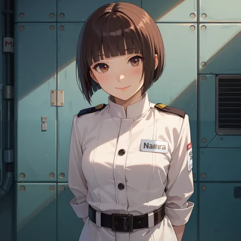 score_9, score_8_up, score_7_up, hoshijiro-shizuka, (1girl, solo), (black short hair, bob cut, blunt bangs), brown eyes, (white uniform, name tag, belt), both arms behind back, (smile, blush), looking at viewer, standing in the spaceship