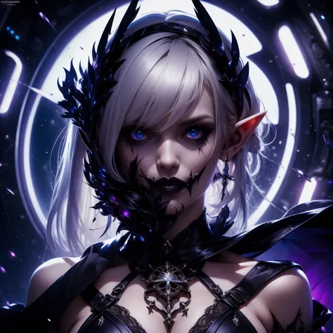 best quality, high-resolution, Necro woman, 1girl, elf, nsfw, sexy swimsuit, gothic makeup, powerful, time theme, floating in space, controlling dark sphere, top-hat, portrait, face focused,