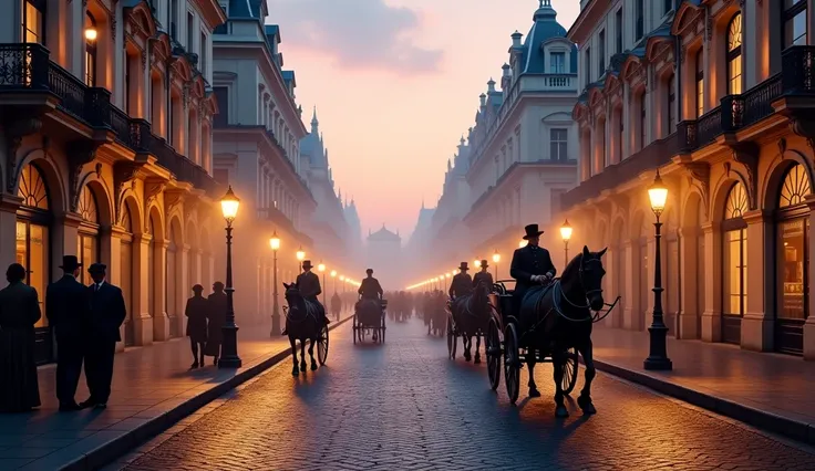 "A stunning 19th-century European city street at dusk, with elegant horse-drawn carriages moving along cobblestone roads.
The buildings have intricate classical architecture, large windows, and ornate balconies.
Gentle gas lamps cast a warm glow, illuminat...