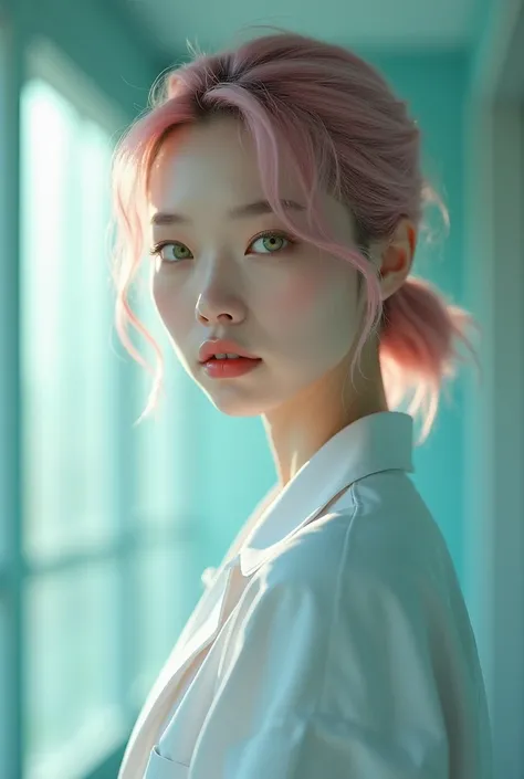 A woman, Japanese, inside a hospital, (((a woman with short light pink hair tied in a ponytail 1.7)))(((very beautiful))), perfect face, she wears a white doctor's coat, , light green eyes, unique face, 8K, extremely detailed, (high quality, realistic, pho...