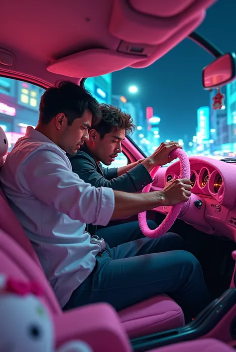 Inside a dimly lit car speeding down a neon-lit city street, two men are in the middle of a high-stakes situation. The driver, a rugged man with short dark hair and sharp eyes, grips the pink fluffy steering wheel tightly. His jaw is clenched, his knuckles...