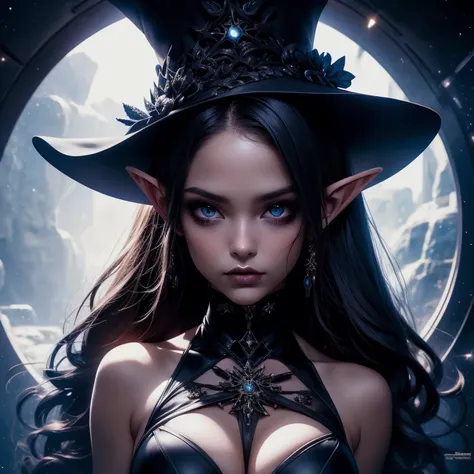 best quality, high-resolution, woman, 1 girl, elf, nsfw, sexy swimsuit, gothic makeup, powerful, time theme, floating in space, controlling dark sphere, top-hat, portrait, face focused,