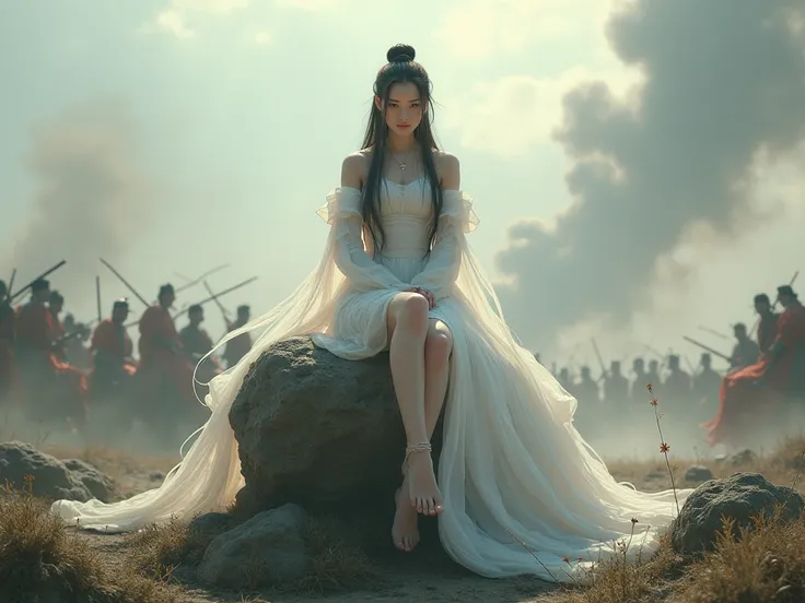 A sexy three kingdoms era girl with long white legs sits on a rock in the middle of the battlefield