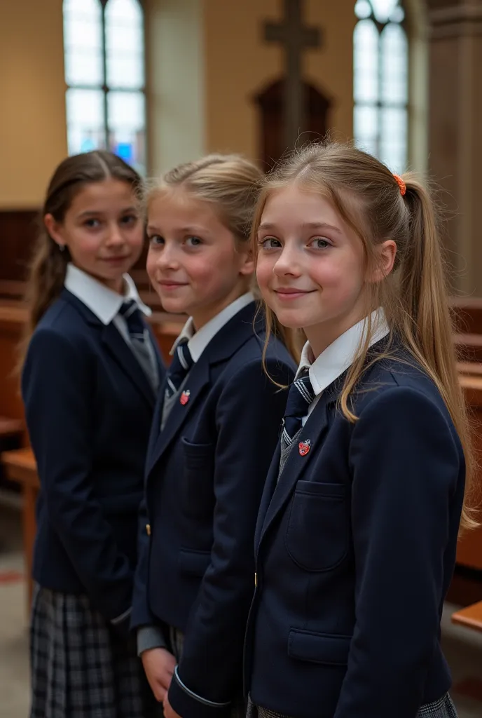 Side photo of School girls aged 13 standing in church wearing British school uniforms. Girls looking at camera 