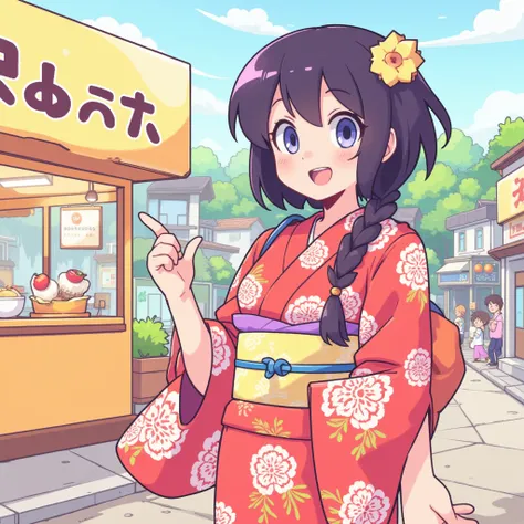 A girl in a yukata、There are about 2 food stalls in the background、Simple colors、There is color all over the picture 、Each part isn't too complicated 、 Each part is large and easy to understand pattern、Clear Colours 、A clear pattern、Thick Line、 hand-drawn ...