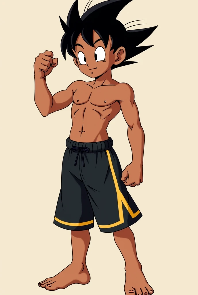 A boy (s) (stopped, with a raised fist ,  Full body)wearing black ufc shorts with gold line,  barefoot and shirtless,  brown skin , muscular but thin, Same animation style as the original Dragon Ball Z show 