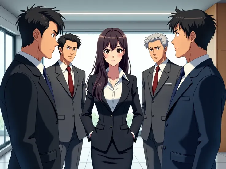 one lady and four Japanese middle-aged businessmen gazing at the lady, the four men are away from the lady, anime