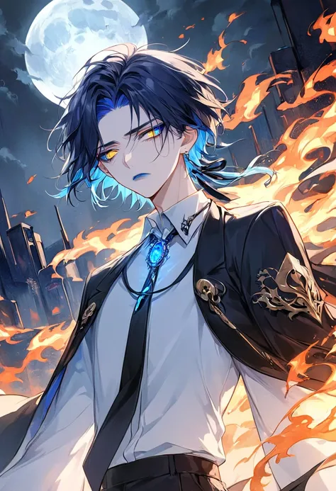  His hair is loosely tied and swaying irregularly like a bright blue flame 。Swaying like rising flames 。 slightly longer than shoulder  。  loosely tied to the left shoulder  。  golden eyes like a full moon  。A beautiful young man with a nervous and refined...