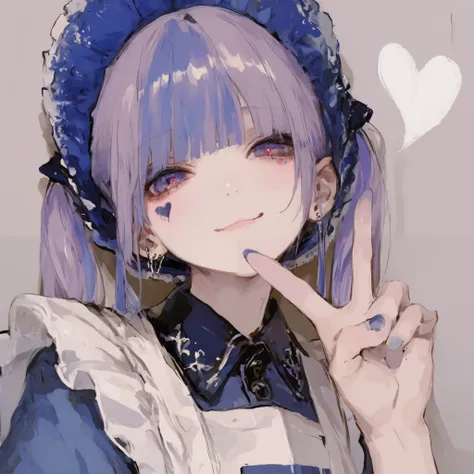  highest quality,  Masterpiece,  748cm style ,  1 girl completely naked, Heart face mark ,  v overeye ,  nail polish ,  viewers,   purple eyes, 紫のnail,  closed her mouth,  purple hair, ,  upper body, smile,  maid apron,  maid headdress, Collared dress,   w...