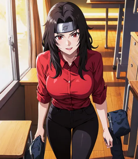 Office, lens flare, depth of field, bokeh, vanishing point, solo, looking at viewer,((masterpiece, best quality)), BREAK 
1girl, black hair, forehead protector, long hair, konohagakure symbol, red eyes, headband, makeup, lipstick, score_9, score_8_up, scor...