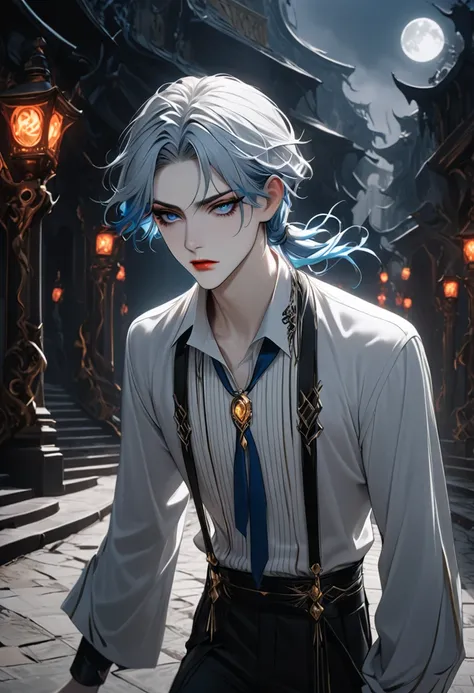  His hair is loosely tied and swaying irregularly like a bright blue flame 。Swaying like rising flames 。 slightly longer than shoulder  。  loosely tied to the left shoulder  。 golden eyes like a full moon 。 amber。A beautiful young man with a nervous and re...