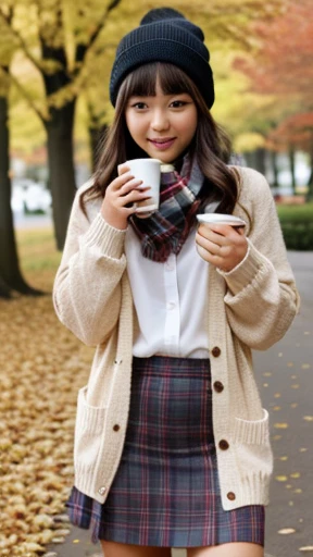 1girl, autumn leaves, bangs, black headwear, blurry background, blush, brown eyes, brown hair, brown scarf, brown skirt, cardigan, coffee, cowboy shot, cup, disposable cup, drink, falling leaves, beanie, holding, holding drink, leaf, long hair, long sleeve...