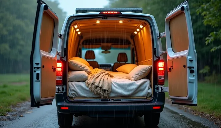 "A van with its rear doors wide open, revealing a cozy sleeping setup inside. A soft mattress with neatly arranged pillows and blankets fills the space, creating a warm and inviting atmosphere. Outside, a gentle rain pours down, with droplets streaming alo...