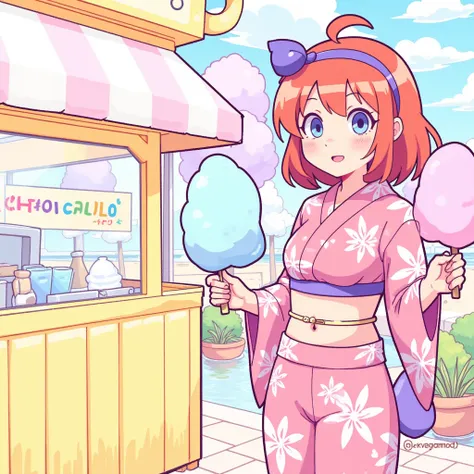 A girl in a yukata standing in front of a stall selling cotton candy、Simple colors、There is color all over the picture 、Each part isn't too complicated 、 Each part is large and easy to understand pattern、Clear Colours 、A clear pattern、Thick Line、 hand-draw...