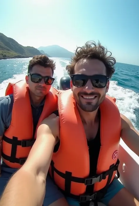 there are two men in life jackets on a boat in the water, a picture by Daryush Shokof, trending on instagram, realism, profile pic, stylish pose, candid picture, with sunglass, vacation photo, selfie photography, selfie photo, very very low quality picture...