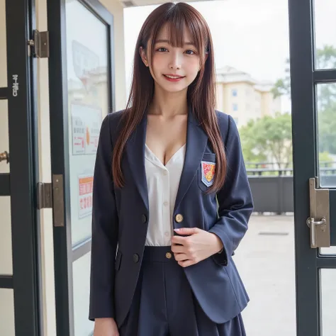 (((((  high school girl、 blazer uniform)))))、smile、(  long hair：1.5), whole body, School gate、Clear skies、 (Big Breasts:1.7) 、 、 looking at the camera