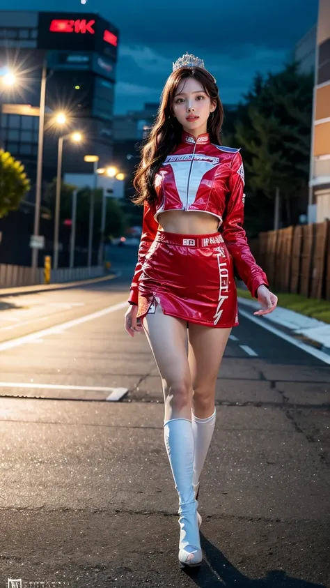 A beautiful Japanese woman, 20 years old, perfect anatomy, healthy thighs, beautiful legs, beautiful skin, random hair color, random hairstyle, large breasts, race queen, (race queen costume:1.3), zent, (she is standing:1.2), full body shot, high heels, ra...