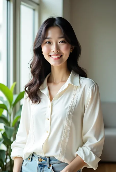 A 25-year-old Japanese woman with a well-groomed face and large eyes that are characteristic and very beautiful

A serene, modern indoor portrait capturing a woman in a minimalist setting. She wears a crisp, white blouse with delicate lace details along th...