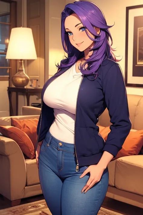 (high quality) Mature woman, Long purple hair with blue highlights, blue eyes, blue eyes, lean tonned busty body, medium sized round breasts, slightly curvy hips, white short shirt, black small unzipped jacket, short small jeans, tattoos on her arms and le...