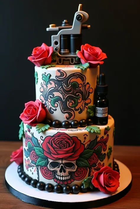 A birthday cake for a tattoo artist, featuring tattoo-related elements such as tattoo machines, ink bottles, and intricate tattoo designs on the cake’s surface. The cake should have a dark, edgy look with vibrant details, showcasing symbols like roses, sku...