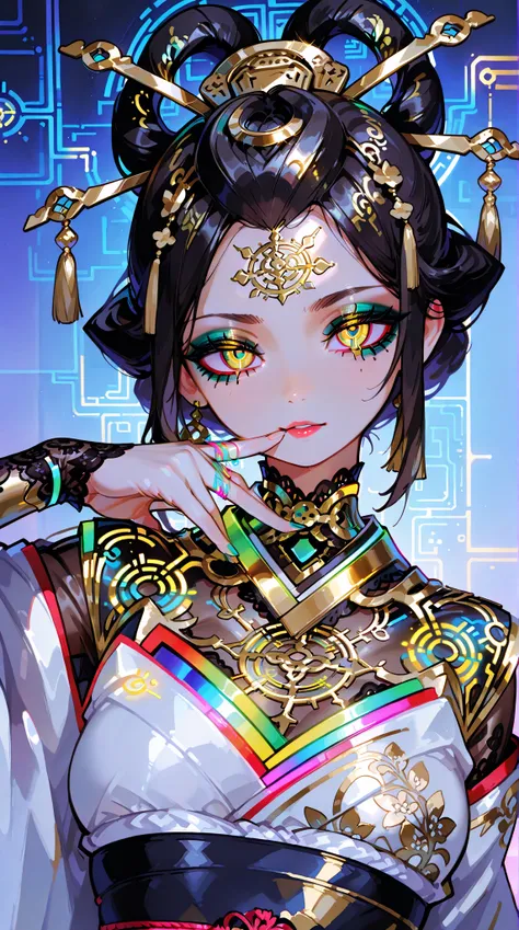  Portrait of a Japanese female android in her mid-20s made of white and silver clear glass and plastic, Geisha Makeup, Black hairstyle , Silver and gold metal internals,  dynamic pose,  flowing organic structures , Detailed engraving, Lace knitting designs...