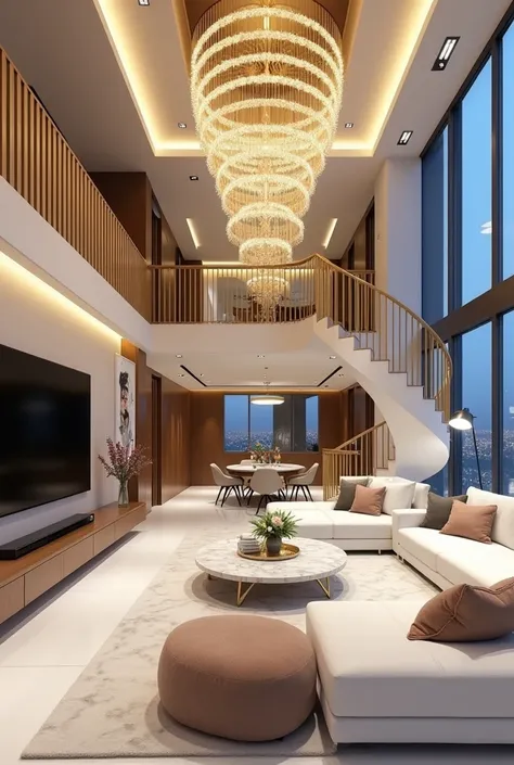 Luxurious ,  Two floors Modern living room Elegant ,  spiral staircase with golden handrails .  The room is warmed by light , ambient lighting,Large ,  Gorgeous chandeliers hanging on the ceiling .  Space with large ,  There is a night view from floor to c...