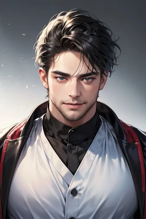 (  stupid,4K,8k,  highres,  masterpiece:1.2),  ultra-detailed,(realistic,photorealistic,photo-realistic:1.37),  30-year-old male,3 day beard,cute anime ,Portraits,strong,Masculine,  dark hair,sharp jaw,    mesmerizing eyes    ,  perfectly combed hair,  coo...