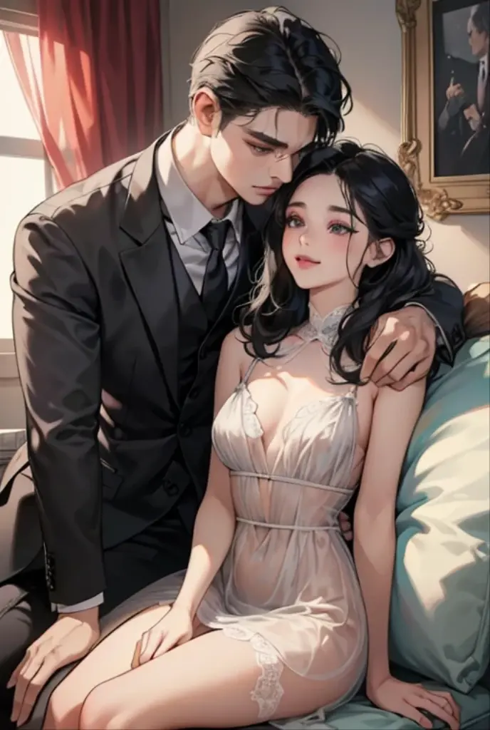 1 woman sitting on the lap of 1 man , เจ้าหน้าที่รักษาความปลอดภัยvery handsome ,  Unclothed, Manga, Asia, Leg guard , Hourglass Shape  , Texture ,Manga,beautiful,very handsome ,Young lady,gay,Long Haired Woman