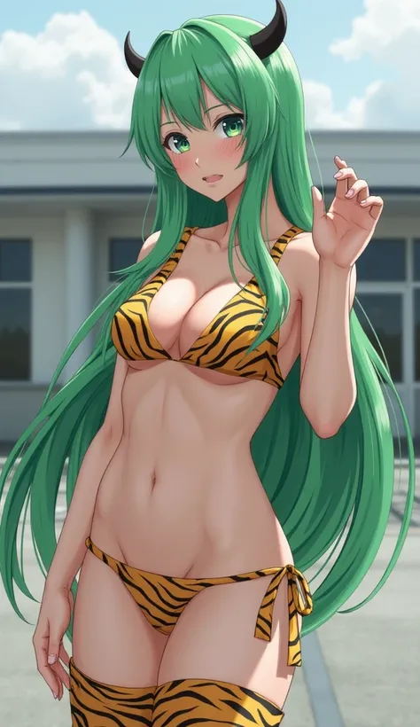 Long green hair. She is wearing a tiger print bikini. Her nipples are just barely visible in the bikini. Tiger print boots. Two small horns on her head. The background is a school.Transparent nipples. Small horns. School yard. Location: Japan.Photo. Real p...