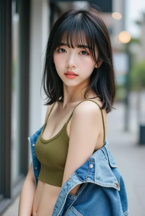 masterpiece, best quality, Cinematic photo, a 18-year-old Japanese woman (short black straight hair, bangs reaching to eyebrows, boyish, with ears sticking out, Brown eyes), Complete Anatomy, Complete Hands, wearing a stylish patchwork denim jacket made fr...