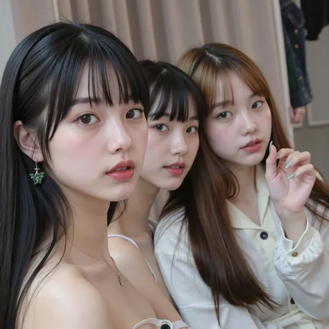 that, 3 girls, 3 sisters, Selfie, 3 Korean singers , Idol, thin , slanted eyes, big eyes, fringe separated on the right side , youthful appearance , light black hair , details eyes, student , Iris , smiling, smile, rounded face, youthful appear...