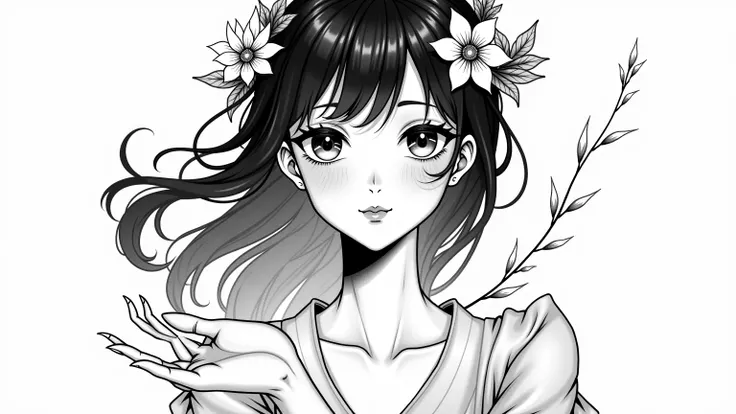 Black and white manga style ,  gracefully drawn goddess of love ,  overflows with elegant beauty ,  delicate features express deep feelings , } Delicate flowers Flowing hair with ornaments ,   reach out ,  expressive eyes that capture the essence of the so...