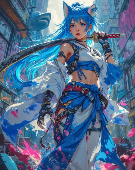    1girl   ,   blue hair  ,  white and blue crop top , stylish yukata  , Sneakers, View from below,bottom side corner, megalodon art as a background ,   Works  , HD ,  holding  katana on her shoulder, stylish Sneakers,  colorful art  ,  3D spray painting  ...