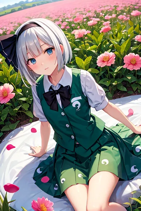 A youmu relaxing in a field of flowers