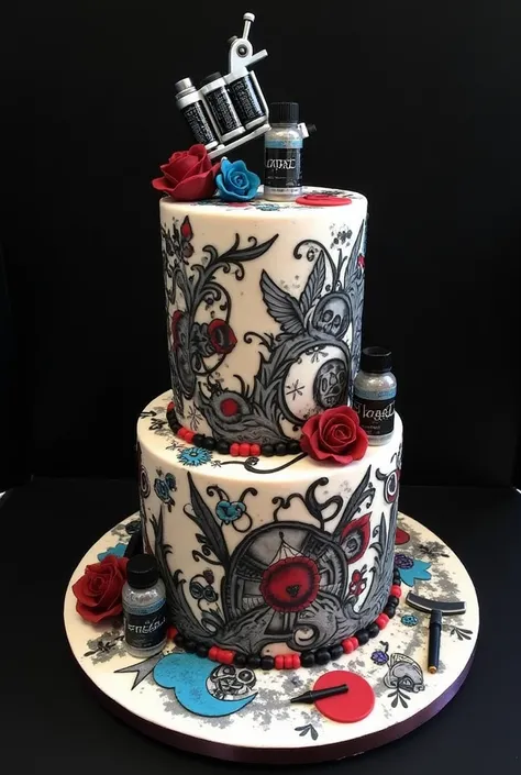 A birthday cake designed for a tattoo artist, with intricate tattoo-style designs on the surface. The cake should have elements like tattoo machines, ink bottles, and bold black and gray tattoo artwork. The cake’s shape should be modern, with vibrant highl...