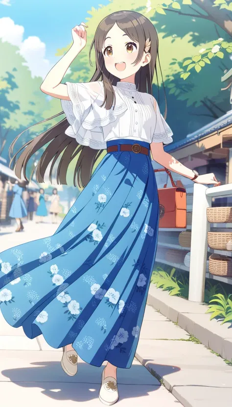 1girl, kuramoto china, futsuu outfit, white shirt, blue long skirt, white footwear, belt, hair ornament, floral print, smile, outdoors, full body, masterpiece, best quality, very aesthetic, absurdres, 