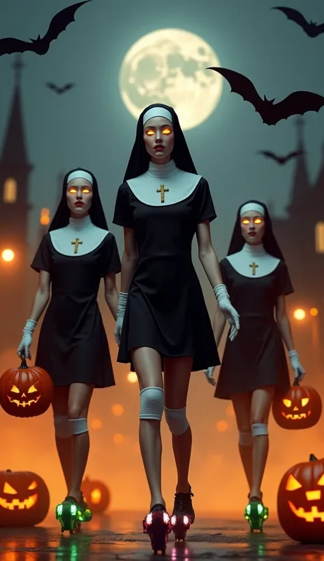 3 very pretty sexy nuns in short dresses . short sleeve,  sexy gloves and knee pads with faces painted white,  bright eyes , Cross hanging on the chest, Pumpkin with candies in hand usando patines en linea con ruedas luminosas brillantes, Pumpkin with cand...