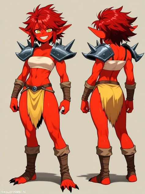 Woman with red skin, yellow eyes, muscled, wild spikey hair, red hair, elf ears, muscled abdomen, muscled biceps, tube top, masterpiece, ultra definition, yellow clothing, anime style, metal shoulder pads, dnd hobgoblin, female hobgoblin, tank top, long tr...