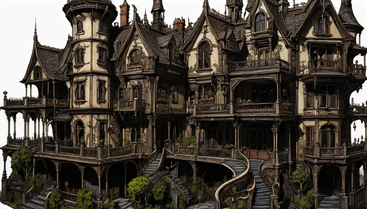  concept art by。 rooms, Evil Villain&#39;s Lair, mansions of madness ,  inspired by Anton Peake , Close up of a sectional view of a house with lots of grand and intricate , Adams,  from Baldors Gate complicated,   steampunk village castle  , Super Detailed...