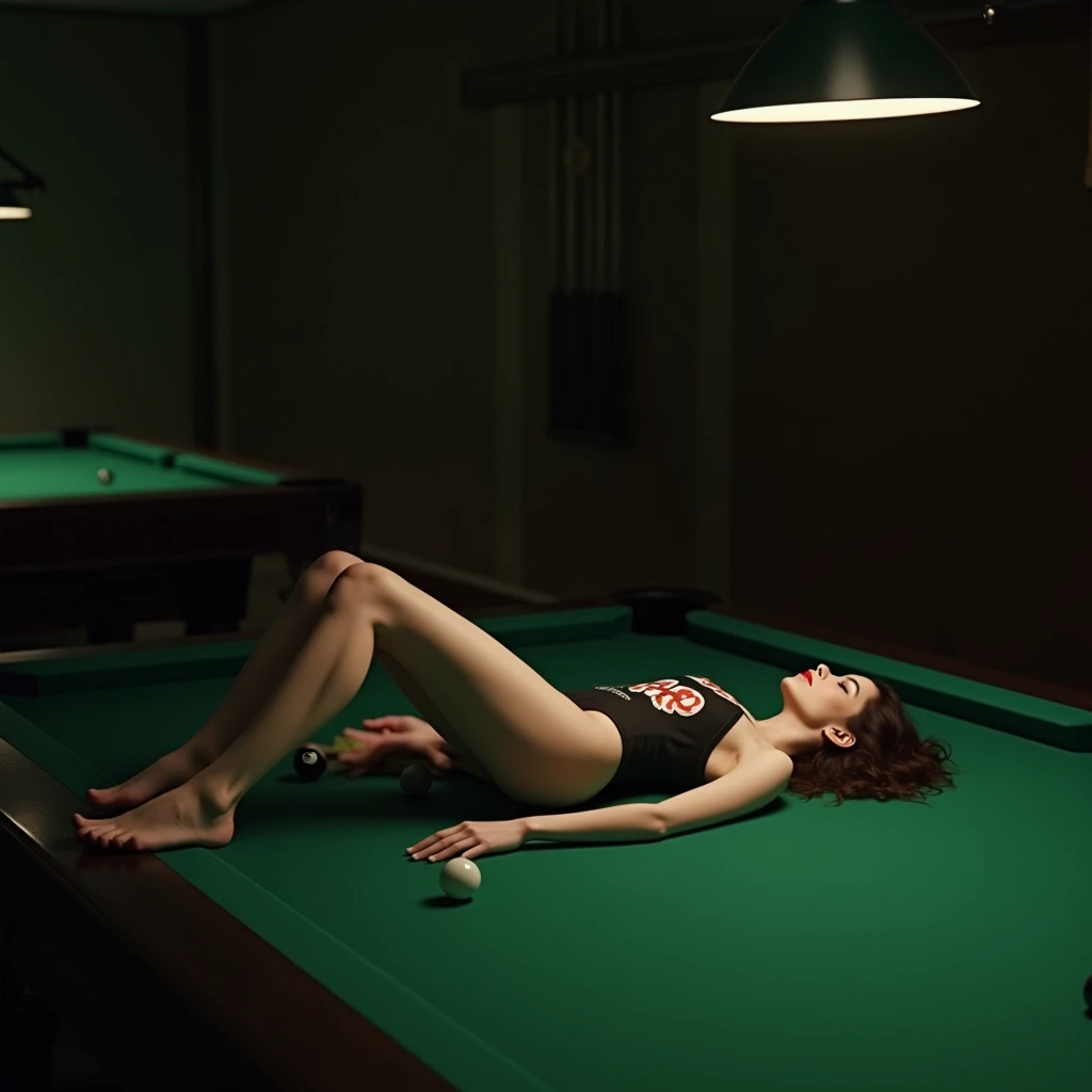 The girl lies on the pool table swimsuit pool logo “8 balls”